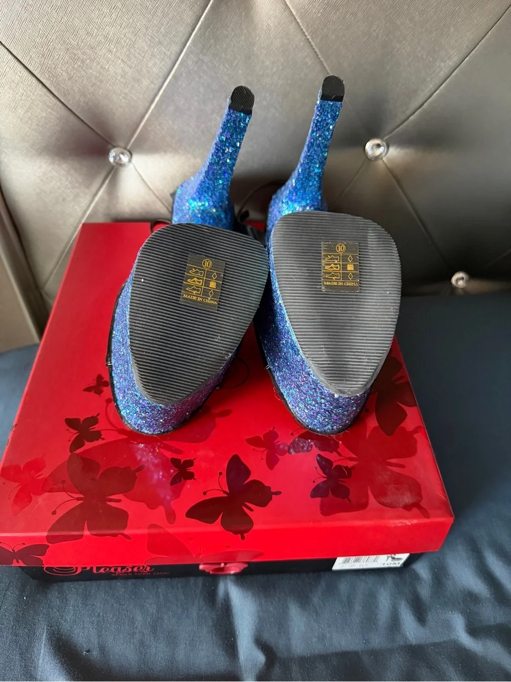 Pleaser Blue Glitter Platform Sky Sandal with Black Patent Straps